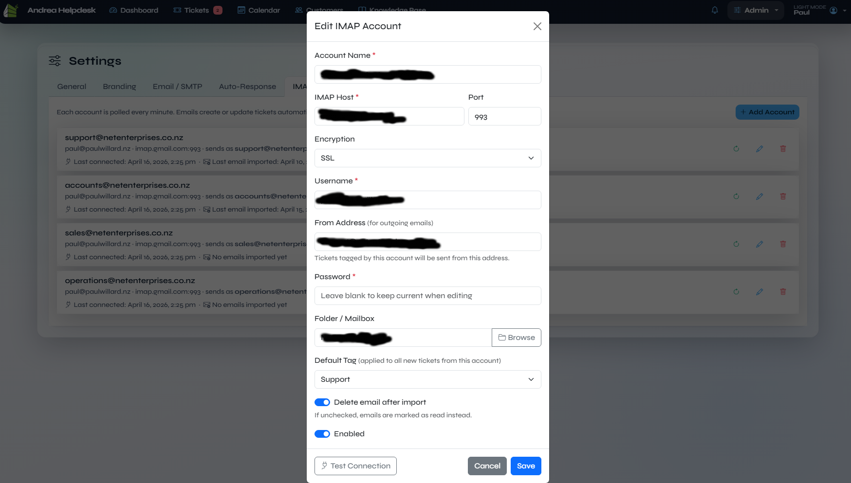 Admin IMAP Polling Edit