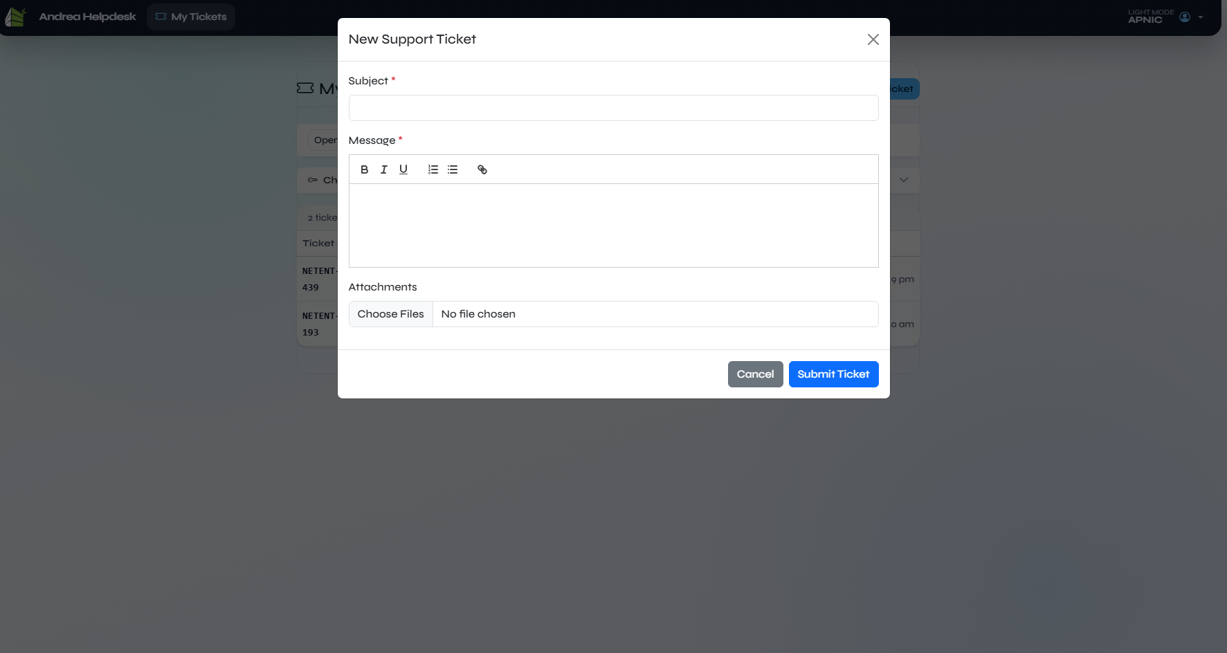 Customer Portal New Ticket